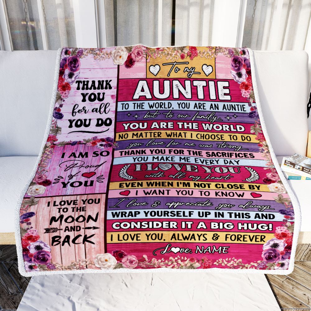 Personalized To My Auntie Blanket From Niece Nephew Wood Floral Thank You I Love You Auntie Birthday Mothers Day Christmas Customized Fleece Throw Blanket | siriusteestore