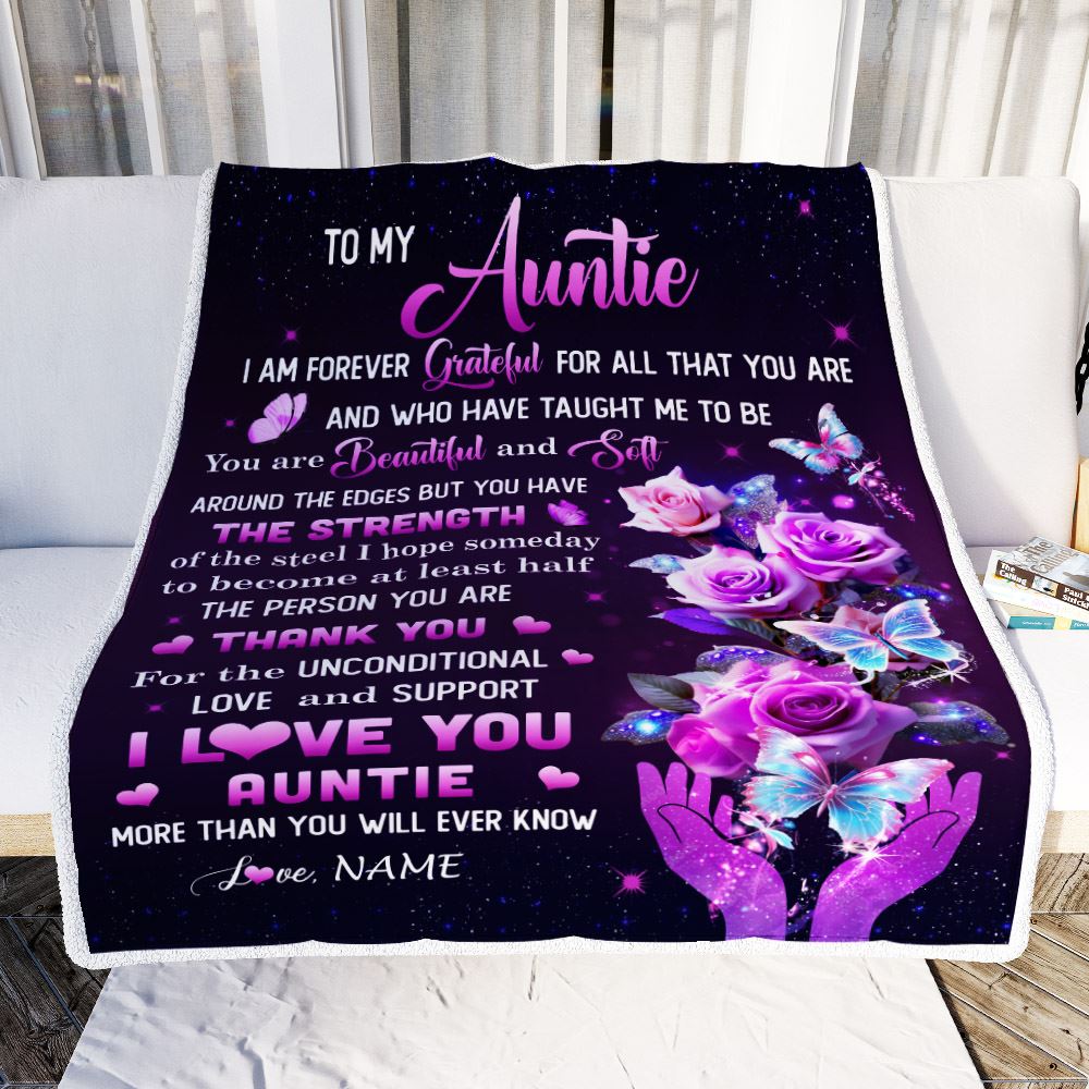 Personalized To My Auntie Blanket From Niece Thank You For Love Butterfly Auntie Birthday Mothers Day Thanksgiving Christmas Customized Gift Fleece Blanket | siriusteestore