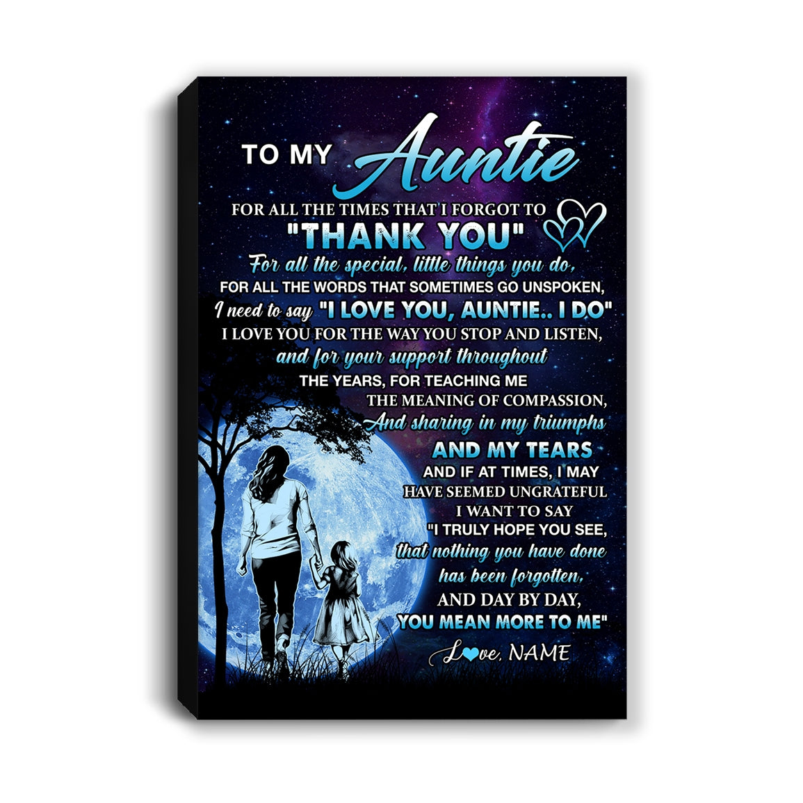 Personalized To My Auntie Canvas From Niece Thank You Day By Day Auntie Birthday Mothers Day Thanksgiving Christmas Custom Wall Art Print Framed Canvas | siriusteestore
