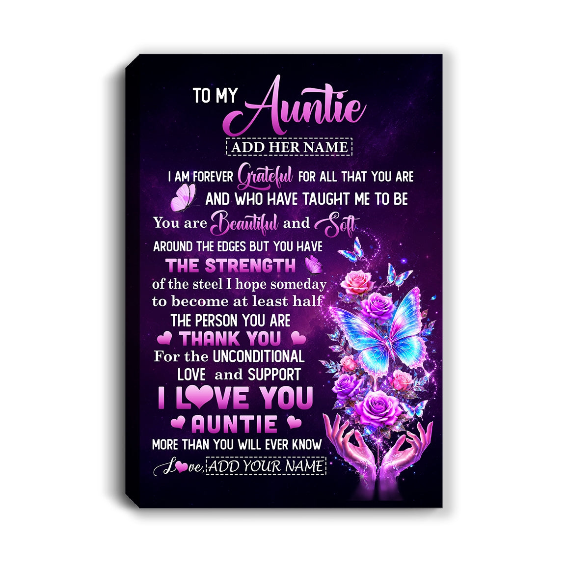 Personalized To My Auntie Canvas From Niece Thank You For Love Butterfly Auntie Birthday Gifts Mothers Day Thanksgiving Christmas Custom Wall Art Framed Canvas | siriusteestore