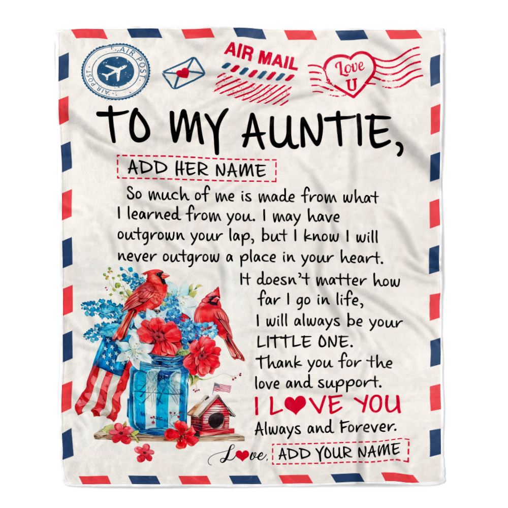 Personalized To My Auntie Gifts Blanket From Niece Nephew Cardinal Letter Air Mail Letter Birthday Gifts For Auntie Mothers Day Christmas Auntie Fleece Throw Blanket | siriusteestore