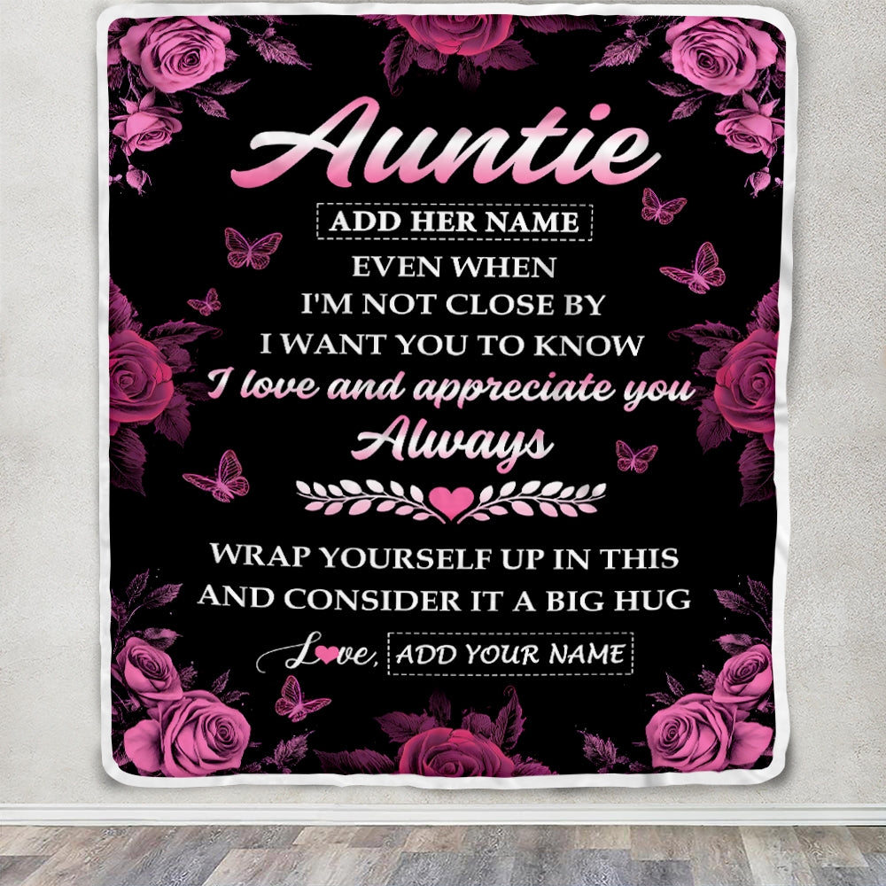 Personalized To My Auntie Gifts From Niece Nephew Blanket Rose Floral It A Big Hug Birthday Gift Idea For Auntie Gifts Christmas Custom Fleece Throw Blanket | siriusteestore
