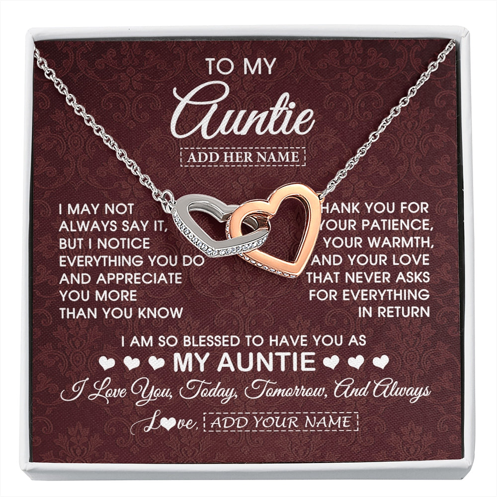 Interlocking Hearts Necklace Stainless Steel & Rose Gold Finish | 1 | Personalized To My Auntie Gifts From Niece Nephew Necklace Meaningful Jewelry Pendant Gifts For Auntie Mothers Day Birthday Christmas Gift Box Message Card | https://siriusteestore.