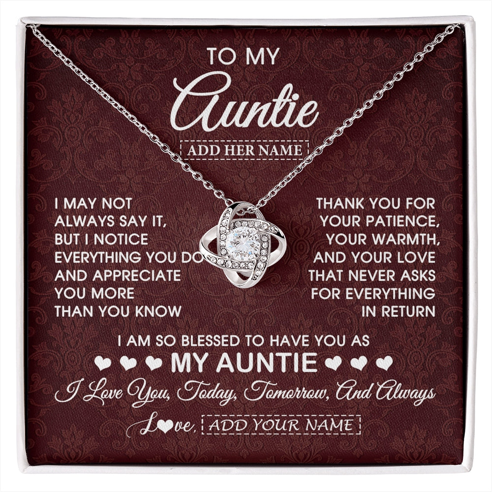 Love Knot Necklace 14K White Gold Finish | 1 | Personalized To My Auntie Gifts From Niece Nephew Necklace Meaningful Jewelry Pendant Gifts For Auntie Mothers Day Birthday Christmas Gift Box Message Card | https://siriusteestore.