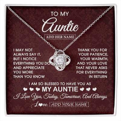Love Knot Necklace 14K White Gold Finish | 1 | Personalized To My Auntie Gifts From Niece Nephew Necklace Meaningful Jewelry Pendant Gifts For Auntie Mothers Day Birthday Christmas Gift Box Message Card | https://siriusteestore.