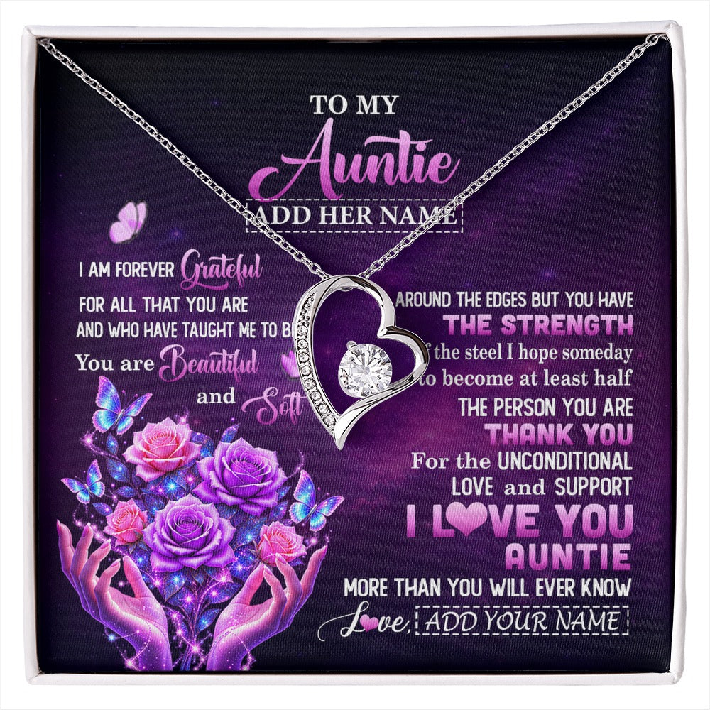 Forever Love Necklace 14K White Gold Finish | 1 | Personalized To My Auntie Necklace From Niece Thank You For Love Butterfly Auntie Birthday Mothers Day Thanksgiving Christmas Custom Gift Box Message Card | https://siriusteestore.