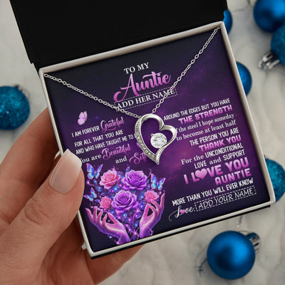 Forever Love Necklace 14K White Gold Finish | 2 | Personalized To My Auntie Necklace From Niece Thank You For Love Butterfly Auntie Birthday Mothers Day Thanksgiving Christmas Custom Gift Box Message Card | https://siriusteestore.
