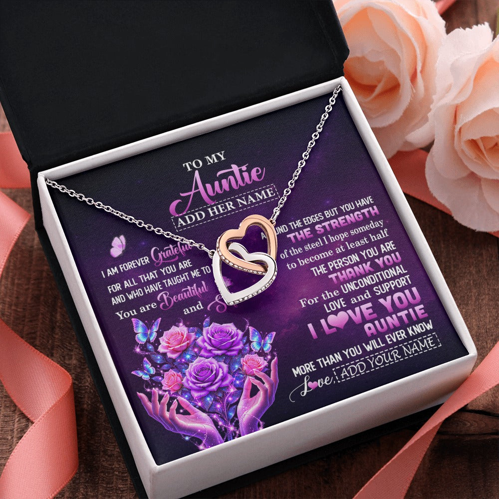 Interlocking Hearts Necklace Stainless Steel & Rose Gold Finish | 2 | Personalized To My Auntie Necklace From Niece Thank You For Love Butterfly Auntie Birthday Mothers Day Thanksgiving Christmas Custom Gift Box Message Card | https://siriusteestore.