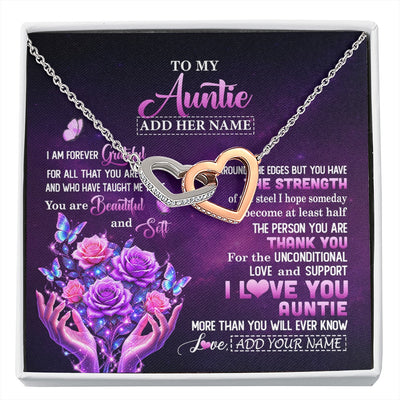 Interlocking Hearts Necklace Stainless Steel & Rose Gold Finish | 1 | Personalized To My Auntie Necklace From Niece Thank You For Love Butterfly Auntie Birthday Mothers Day Thanksgiving Christmas Custom Gift Box Message Card | https://siriusteestore.