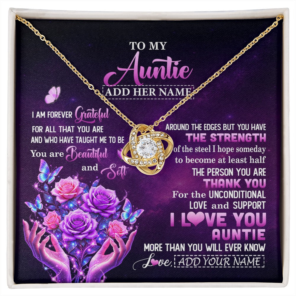 Love Knot Necklace 18K Yellow Gold Finish | 1 | Personalized To My Auntie Necklace From Niece Thank You For Love Butterfly Auntie Birthday Mothers Day Thanksgiving Christmas Custom Gift Box Message Card | https://siriusteestore.