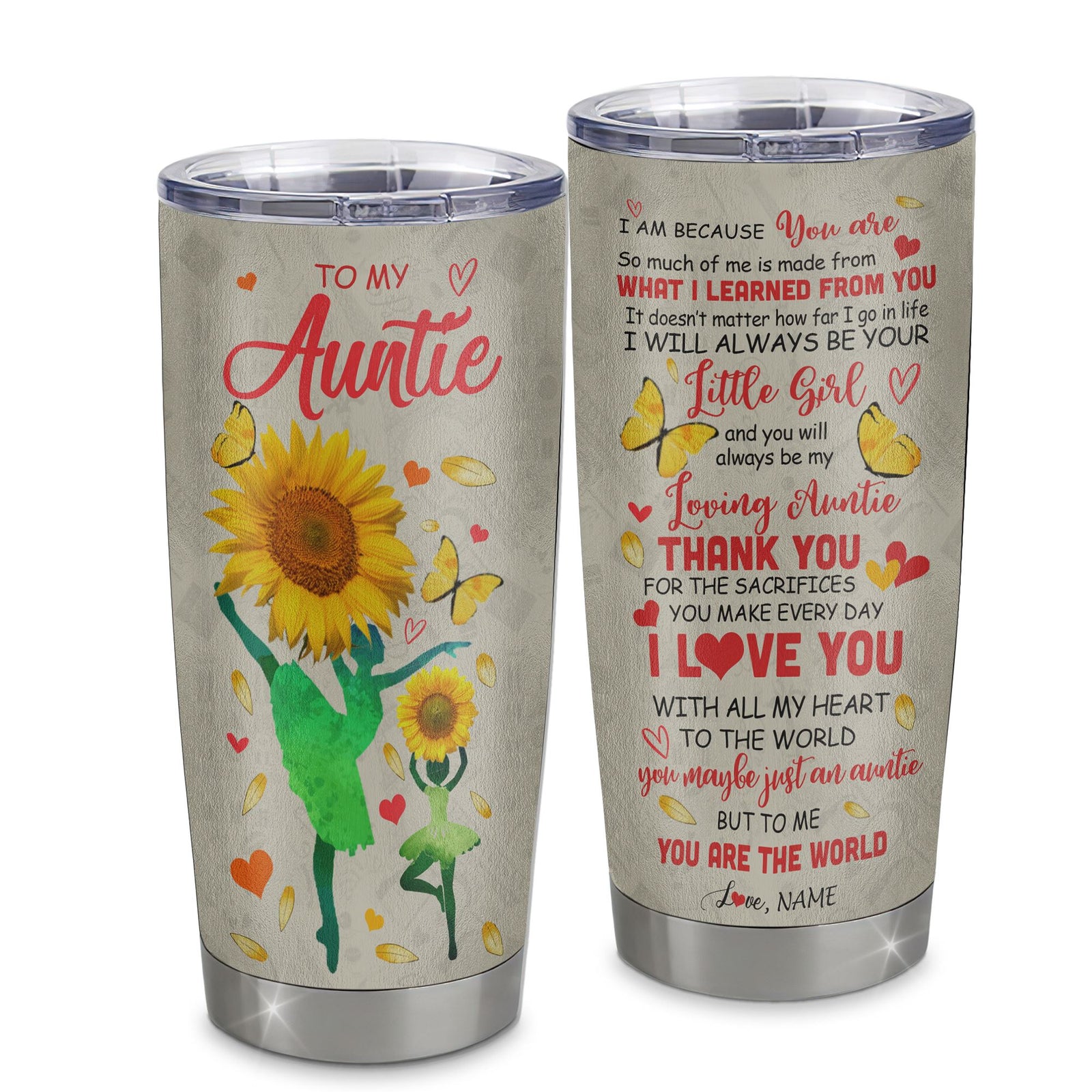 Personalized To My Auntie Tumbler From Niece Stainless Steel Cup Thank You Dancing Sunflower Auntie Birthday Mothers Day Thanksgiving Christmas Travel Mug | siriusteestore