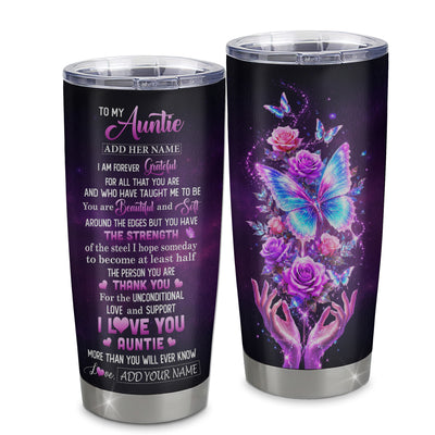 Personalized To My Auntie Tumbler From Niece Thank You For Love Butterfly Auntie Birthday Gifts Mothers Day Thanksgiving Christmas Custom Stainless Steel Mug | siriusteestore