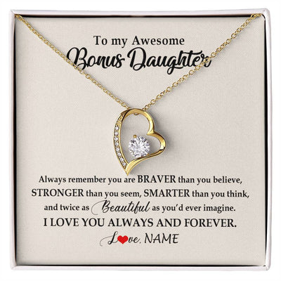 Forever Love Necklace 18K Yellow Gold Finish | Personalized To My Awesome Bonus Daughter Necklace From Stepmom I Love You Always And Forever Stepdaughter Birthday Christmas Customized Gift Box Message Card | siriusteestore