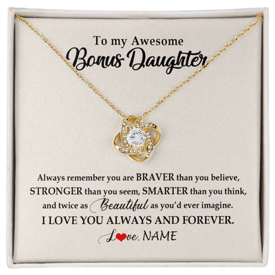 Love Knot Necklace 18K Yellow Gold Finish | Personalized To My Awesome Bonus Daughter Necklace From Stepmom I Love You Always And Forever Stepdaughter Birthday Christmas Customized Gift Box Message Card | siriusteestore
