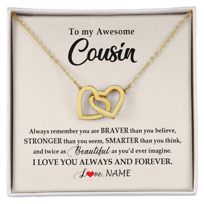 Interlocking Hearts Necklace 18K Yellow Gold Finish | Personalized To My Awesome Cousin Necklace From Family I Love You Always And Forever Cousin Jewelry Birthday Christmas Customized Gift Box Message Card | siriusteestore