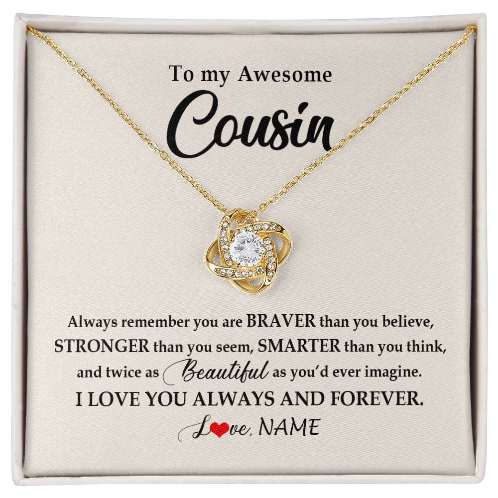 Love Knot Necklace 18K Yellow Gold Finish | Personalized To My Awesome Cousin Necklace From Family I Love You Always And Forever Cousin Jewelry Birthday Christmas Customized Gift Box Message Card | siriusteestore