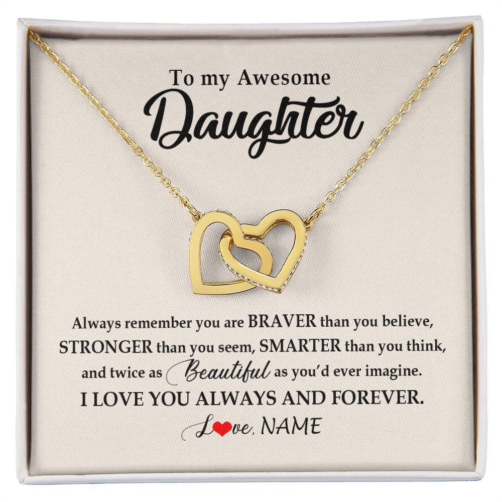Interlocking Hearts Necklace 18K Yellow Gold Finish | Personalized To My Awesome Daughter Necklace From Mom Dad I Love You Always And Forever Daughter Birthday Christmas Jewelry Customized Gift Box Message Card | siriusteestore