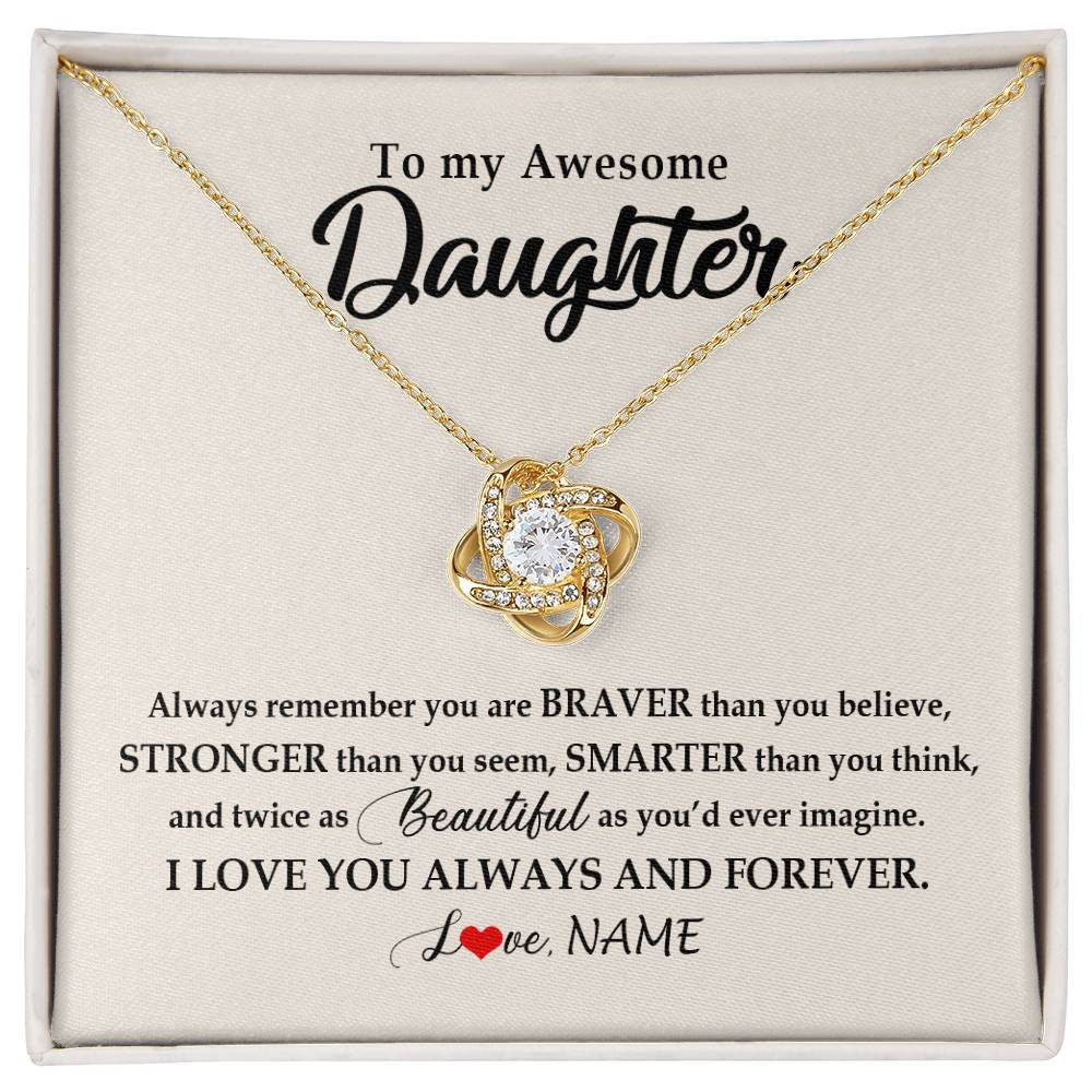 Love Knot Necklace 18K Yellow Gold Finish | Personalized To My Awesome Daughter Necklace From Mom Dad I Love You Always And Forever Daughter Birthday Christmas Jewelry Customized Gift Box Message Card | siriusteestore