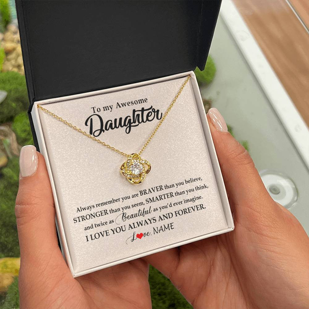 Love Knot Necklace 18K Yellow Gold Finish | Personalized To My Awesome Daughter Necklace From Mom Dad I Love You Always And Forever Daughter Birthday Christmas Jewelry Customized Gift Box Message Card | siriusteestore