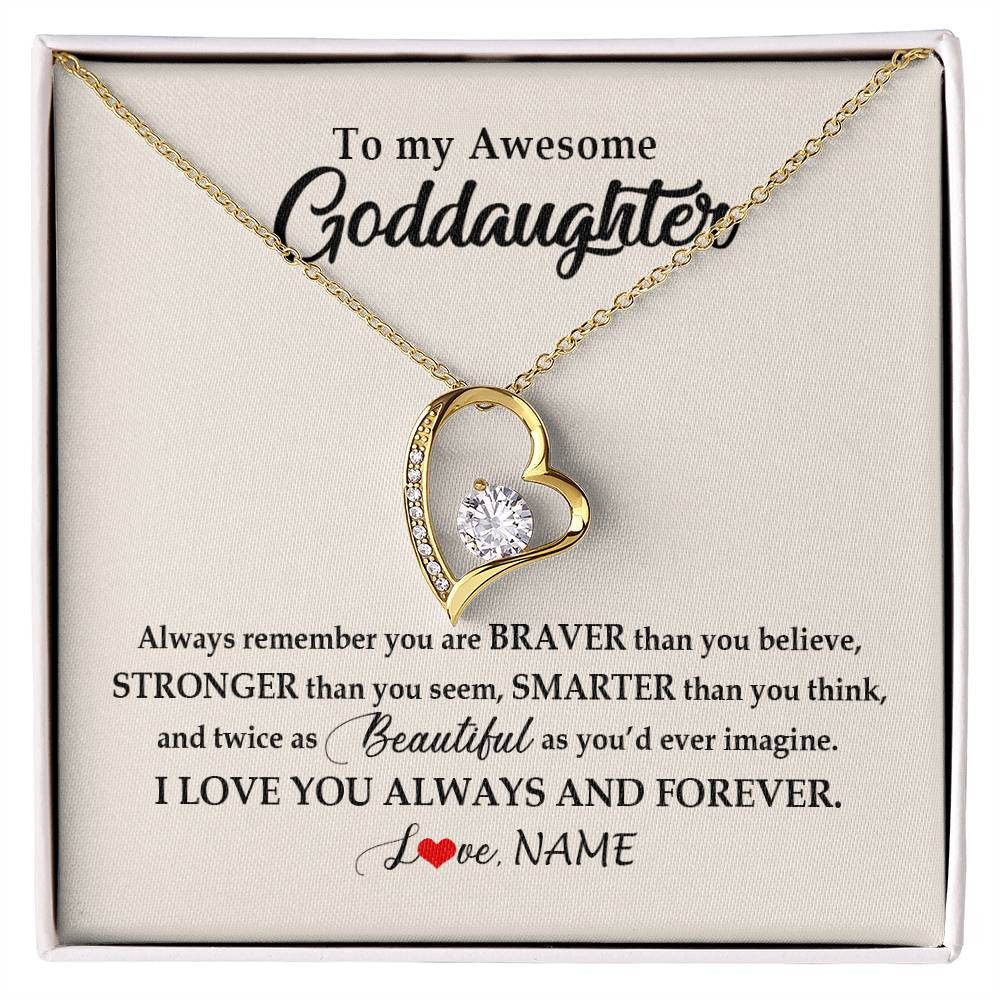Forever Love Necklace 18K Yellow Gold Finish | Personalized To My Awesome Goddaughter Necklace From Godmother I Love You Always And Forever Goddaughter Birthday Christmas Customized Gift Box Message Card | siriusteestore