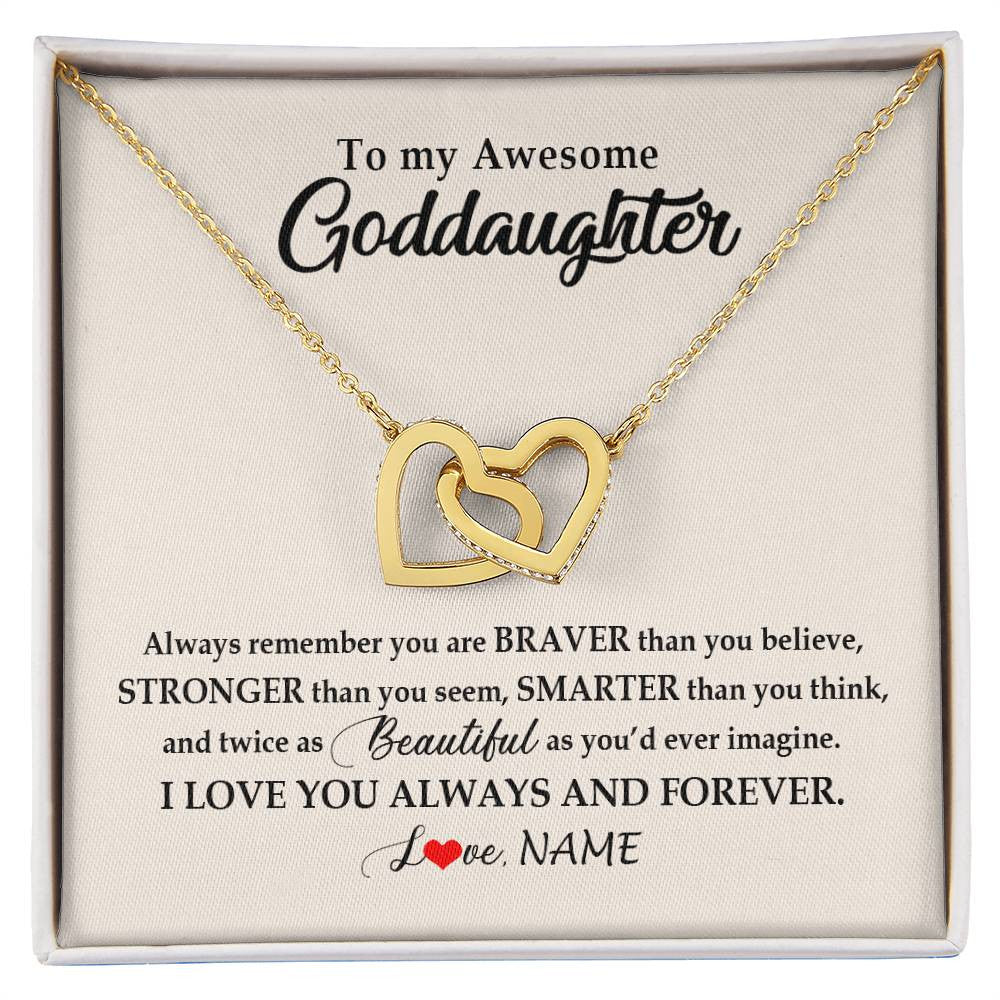 Interlocking Hearts Necklace 18K Yellow Gold Finish | Personalized To My Awesome Goddaughter Necklace From Godmother I Love You Always And Forever Goddaughter Birthday Christmas Customized Gift Box Message Card | siriusteestore