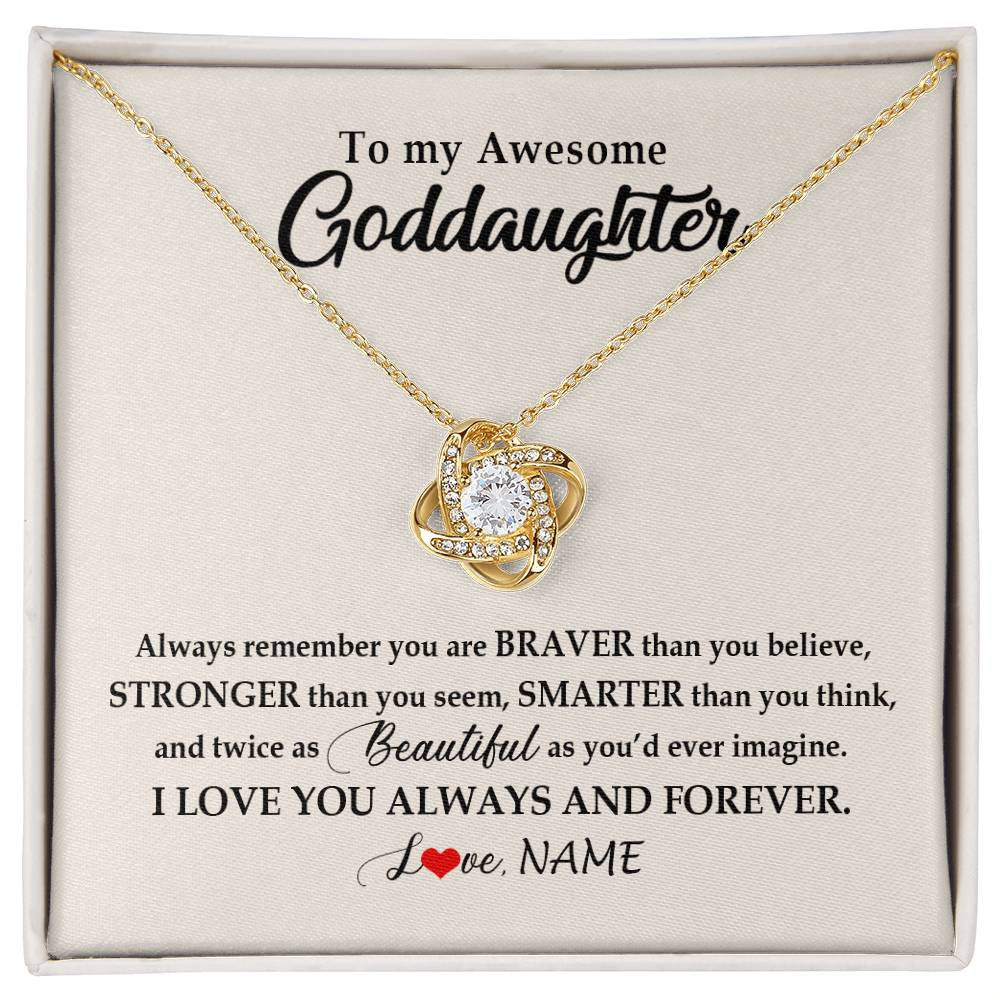 Love Knot Necklace 18K Yellow Gold Finish | Personalized To My Awesome Goddaughter Necklace From Godmother I Love You Always And Forever Goddaughter Birthday Christmas Customized Gift Box Message Card | siriusteestore