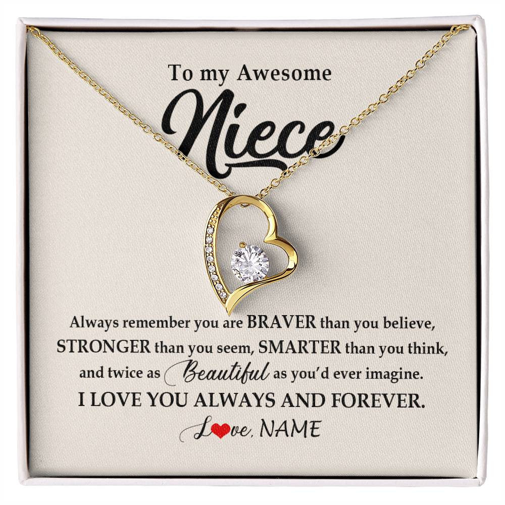 Forever Love Necklace 18K Yellow Gold Finish | Personalized To My Awesome Niece Necklace From Aunt Uncle I Love You Always And Forever Niece Jewelry Birthday Christmas Customized Gift Box Message Card | siriusteestore