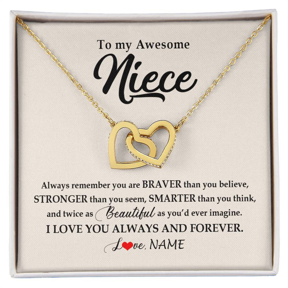 Interlocking Hearts Necklace 18K Yellow Gold Finish | Personalized To My Awesome Niece Necklace From Aunt Uncle I Love You Always And Forever Niece Jewelry Birthday Christmas Customized Gift Box Message Card | siriusteestore