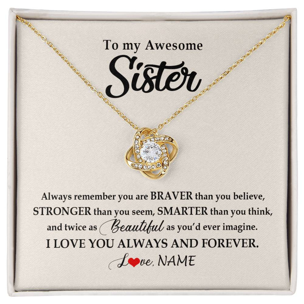Love Knot Necklace 18K Yellow Gold Finish | Personalized To My Awesome Sister Necklace From Sister Brother I Love You Always And Forever Sister Birthday Christmas Jewelry Customized Gift Box Message Card | siriusteestore