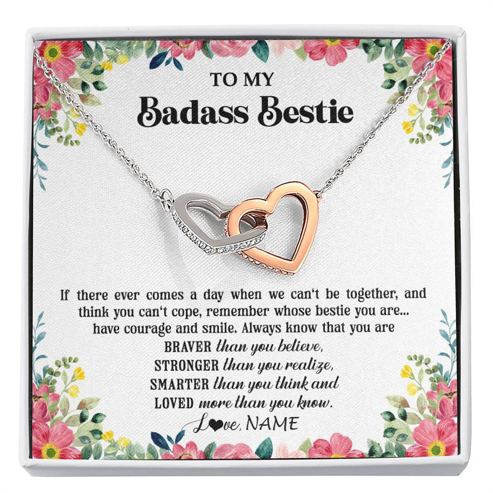 Interlocking Hearts Necklace Stainless Steel & Rose Gold Finish | 1 | Personalized To My Badass Bestie Necklace Best Friend BFF Long Distance Friendship Unbiological Sister Birthday Gift Jewelry Christmas Customized Message Card | siriusteestore