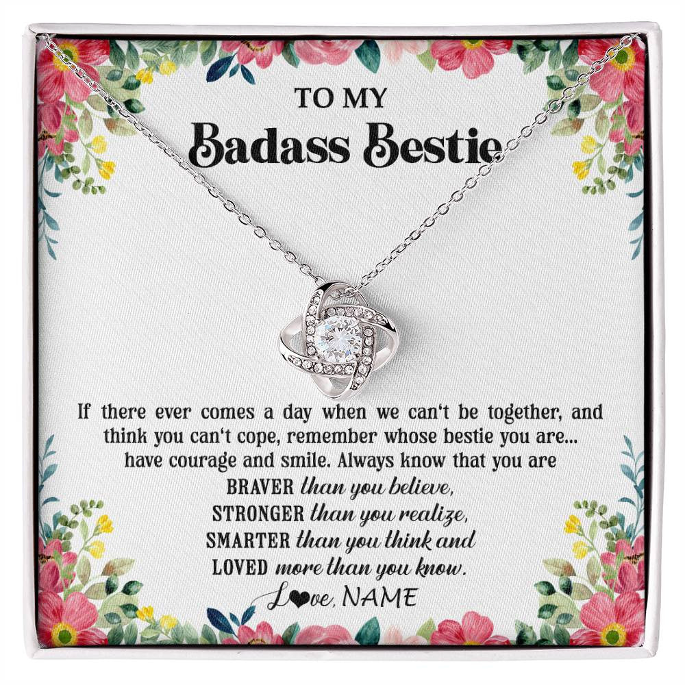 Love Knot Necklace 14K White Gold Finish | 1 | Personalized To My Badass Bestie Necklace Best Friend BFF Long Distance Friendship Unbiological Sister Birthday Gift Jewelry Christmas Customized Message Card | siriusteestore