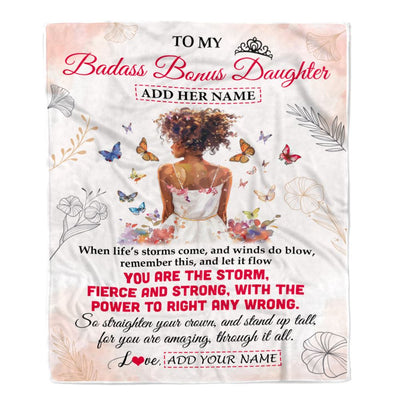 Personalized To My Badass Bonus Daughter Blanket From Stepmom Bonus Dad Floral Butterfly African Afro Girl Stepdaughter Birthday Gifts Christmas Fleece Blanket | siriusteestore