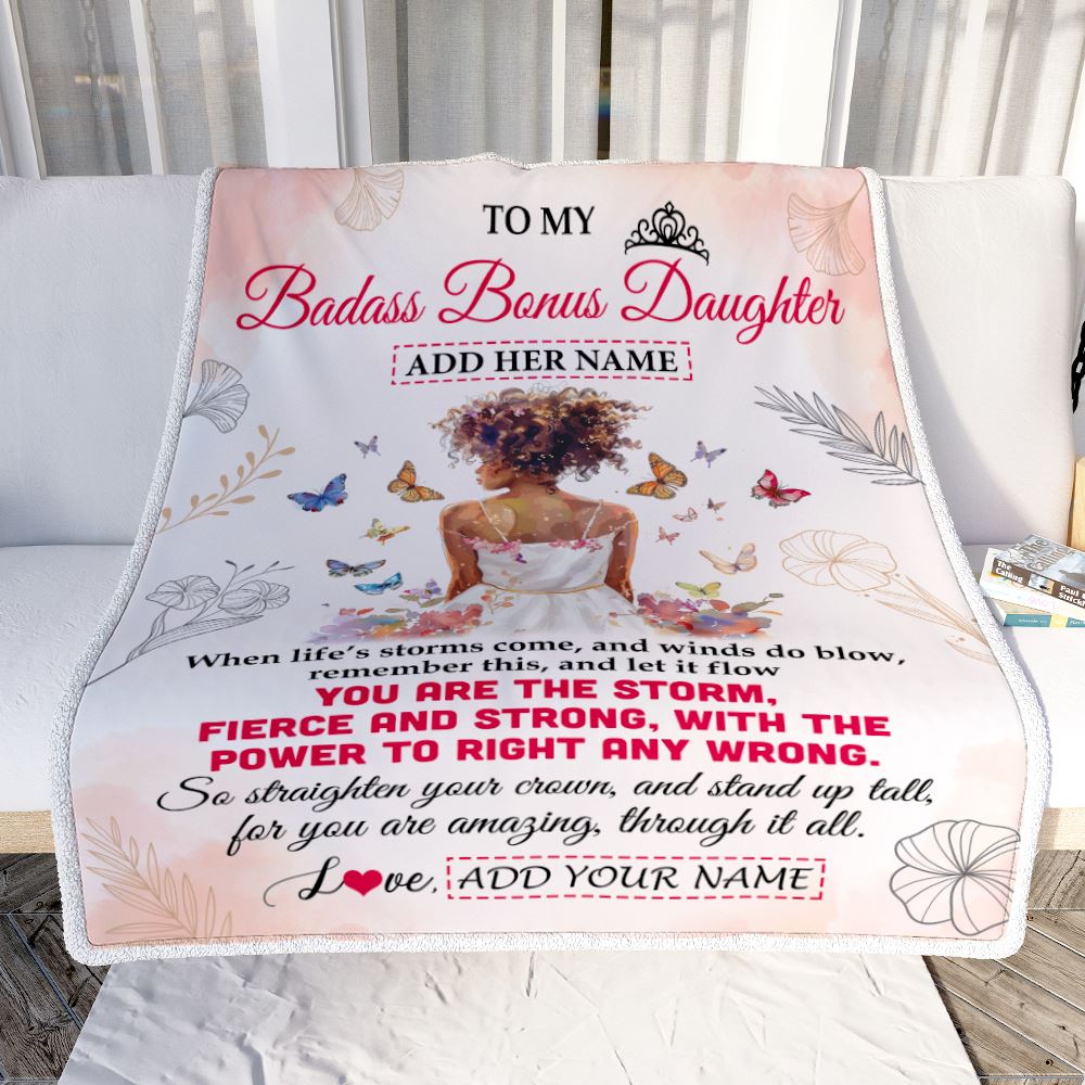 Personalized To My Badass Bonus Daughter Blanket From Stepmom Bonus Dad Floral Butterfly African Afro Girl Stepdaughter Birthday Gifts Christmas Fleece Blanket | siriusteestore