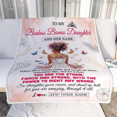 Personalized To My Badass Bonus Daughter Blanket From Stepmom Bonus Dad Floral Butterfly African Afro Girl Stepdaughter Birthday Gifts Christmas Fleece Blanket | siriusteestore