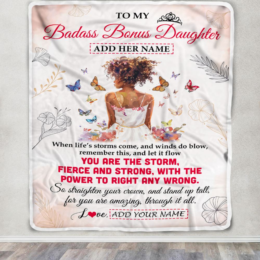 Personalized To My Badass Bonus Daughter Blanket From Stepmom Bonus Dad Floral Butterfly African Afro Girl Stepdaughter Birthday Gifts Christmas Fleece Blanket | siriusteestore