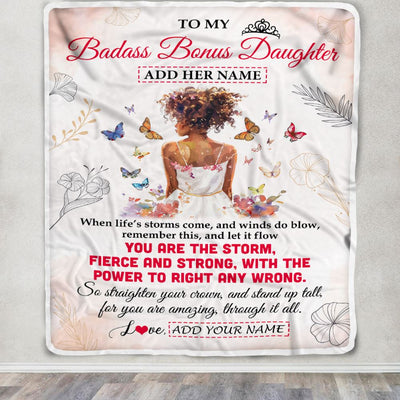 Personalized To My Badass Bonus Daughter Blanket From Stepmom Bonus Dad Floral Butterfly African Afro Girl Stepdaughter Birthday Gifts Christmas Fleece Blanket | siriusteestore
