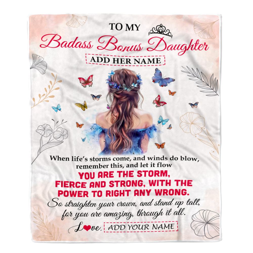 Personalized To My Badass Bonus Daughter Blanlet From Stepmom Bonus Dad Floral Butterfly Stepdaughter Birthday Gifts Christmas Customized Fleece Blanket | siriusteestore