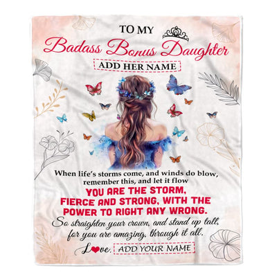 Personalized To My Badass Bonus Daughter Blanlet From Stepmom Bonus Dad Floral Butterfly Stepdaughter Birthday Gifts Christmas Customized Fleece Blanket | siriusteestore