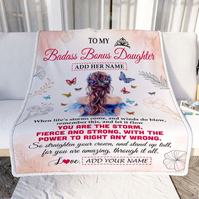 Personalized To My Badass Bonus Daughter Blanlet From Stepmom Bonus Dad Floral Butterfly Stepdaughter Birthday Gifts Christmas Customized Fleece Blanket | siriusteestore