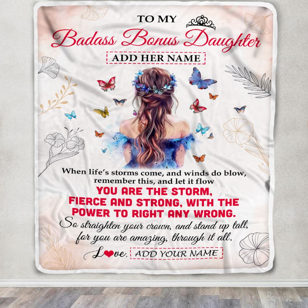 Personalized To My Badass Bonus Daughter Blanlet From Stepmom Bonus Dad Floral Butterfly Stepdaughter Birthday Gifts Christmas Customized Fleece Blanket | siriusteestore