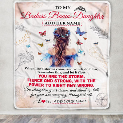 Personalized To My Badass Bonus Daughter Blanlet From Stepmom Bonus Dad Floral Butterfly Stepdaughter Birthday Gifts Christmas Customized Fleece Blanket | siriusteestore