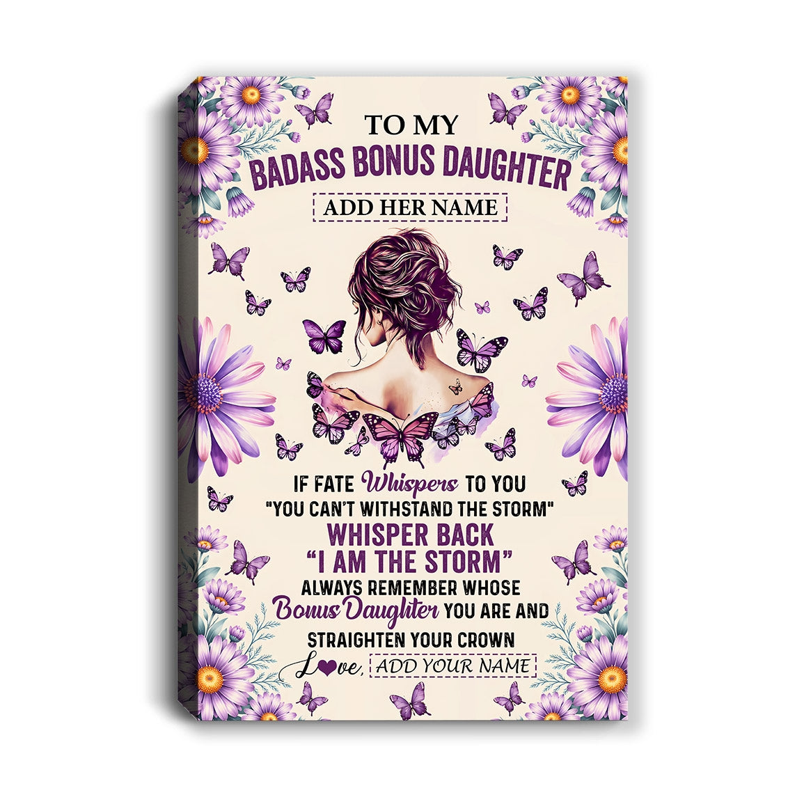 Personalized To My Badass Bonus Daughter Canvas From Stepdad Stepmom Purple Butterfly I Am The Storm Stepdaughter Gifts Birthday Christmas Custom Wall Art Framed Canvas | siriusteestore