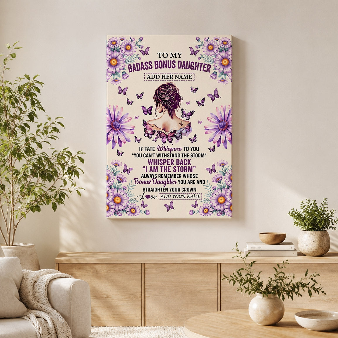 Personalized To My Badass Bonus Daughter Canvas From Stepdad Stepmom Purple Butterfly I Am The Storm Stepdaughter Gifts Birthday Christmas Custom Wall Art Framed Canvas | siriusteestore