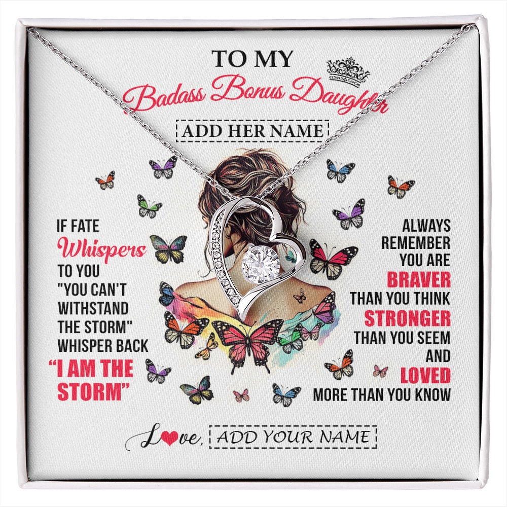 Forever Love Necklace 14K White Gold Finish | 1 | Personalized To My Badass Bonus Daughter From Step Dad Step Mom Necklace I Am The Storm Stepdaughter Gifts Birthday Christmas Custom Gift Box Message Card | https://siriusteestore.