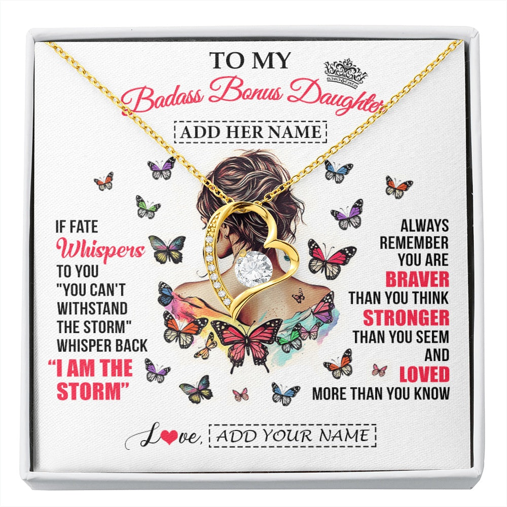 Forever Love Necklace 18K Yellow Gold Finish | 1 | Personalized To My Badass Bonus Daughter From Step Dad Step Mom Necklace I Am The Storm Stepdaughter Gifts Birthday Christmas Custom Gift Box Message Card | https://siriusteestore.