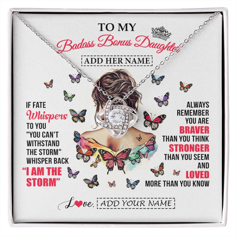 Love Knot Necklace 14K White Gold Finish | 1 | Personalized To My Badass Bonus Daughter From Step Dad Step Mom Necklace I Am The Storm Stepdaughter Gifts Birthday Christmas Custom Gift Box Message Card | https://siriusteestore.