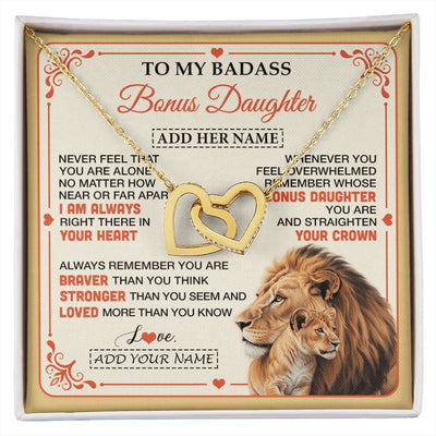 Interlocking Hearts Necklace 18K Yellow Gold Finish | 1 | Personalized To My Badass Bonus Daughter Gifts From Stepmom Necklace Lion Jewelry Gifts Present Ideas For Stepdaughter Birthday Christmas Gift Box Message Card | https://siriusteestore.