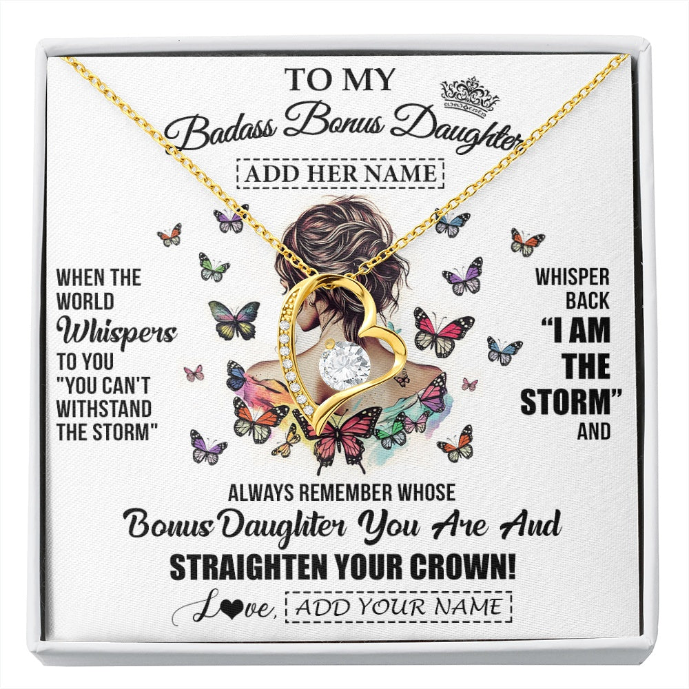 Forever Love Necklace 18K Yellow Gold Finish | 1 | Personalized To My Badass Bonus Daughter I Am The Storm Necklace From Stepdad Stepmom Beautiful Step Daughter Birthday Gifts Christmas Gift Box Message Card | https://siriusteestore.