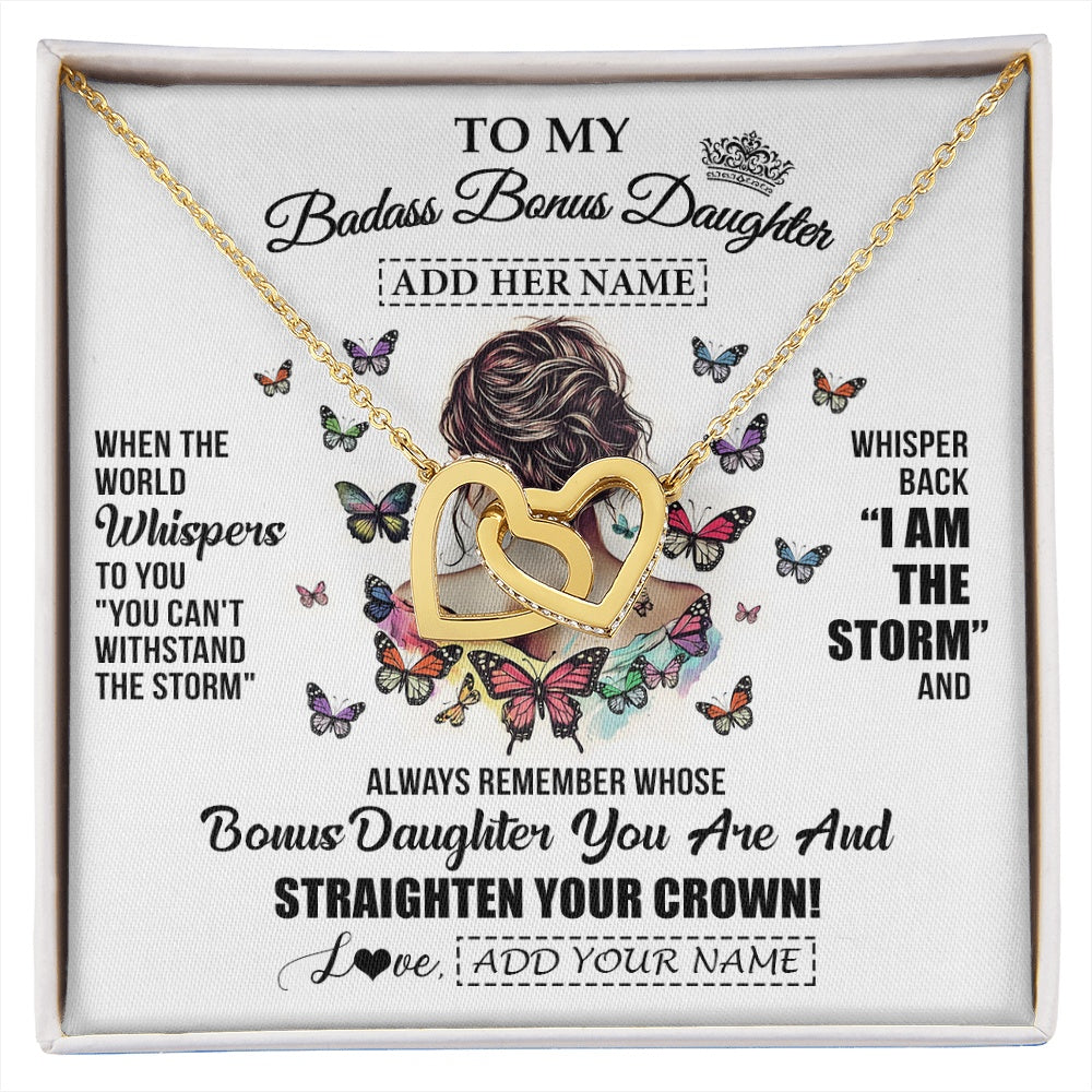 Interlocking Hearts Necklace 18K Yellow Gold Finish | 1 | Personalized To My Badass Bonus Daughter I Am The Storm Necklace From Stepdad Stepmom Beautiful Step Daughter Birthday Gifts Christmas Gift Box Message Card | https://siriusteestore.