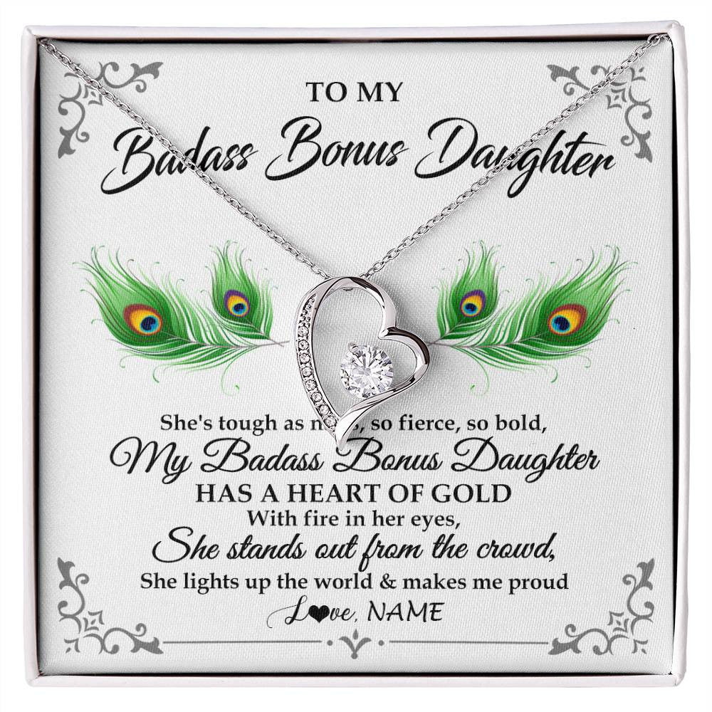 Forever Love Necklace 14K White Gold Finish | 1 | Personalized To My Badass Bonus Daughter Necklace From Bonus Mom Love You Always Bonus Daughter Birthday Graduation Christmas Customized Gift Box Message Card | siriusteestore